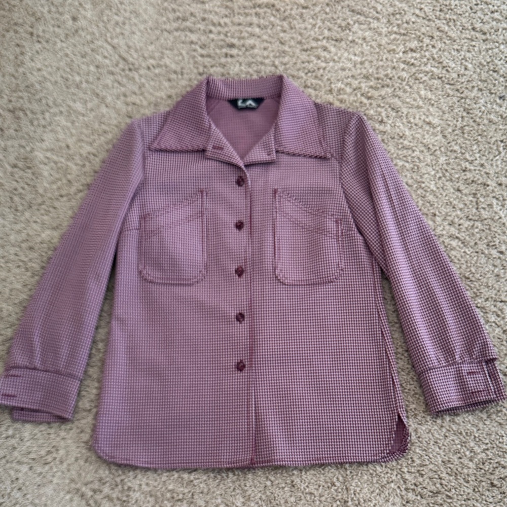 Vintage 70s Houndstooth Dagger Collar Polyester Button Up Shirt Womens, sz XL?